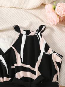SHEIN Teen Girl Geometric Print Asymmetric Collar Long Sleeve Jacket And Wide Leg Jumpsuit Two-Piece Outfit, Elegant For Outing And Commuting