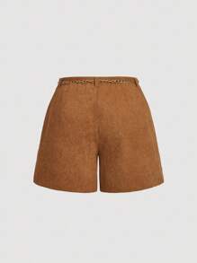 SHEIN MOD Plus Size Khaki Metal Buckle Embellished Pocket Woven Textured Mid Waist Metal Chain Belt Wide Leg Shorts - Brown - View 2