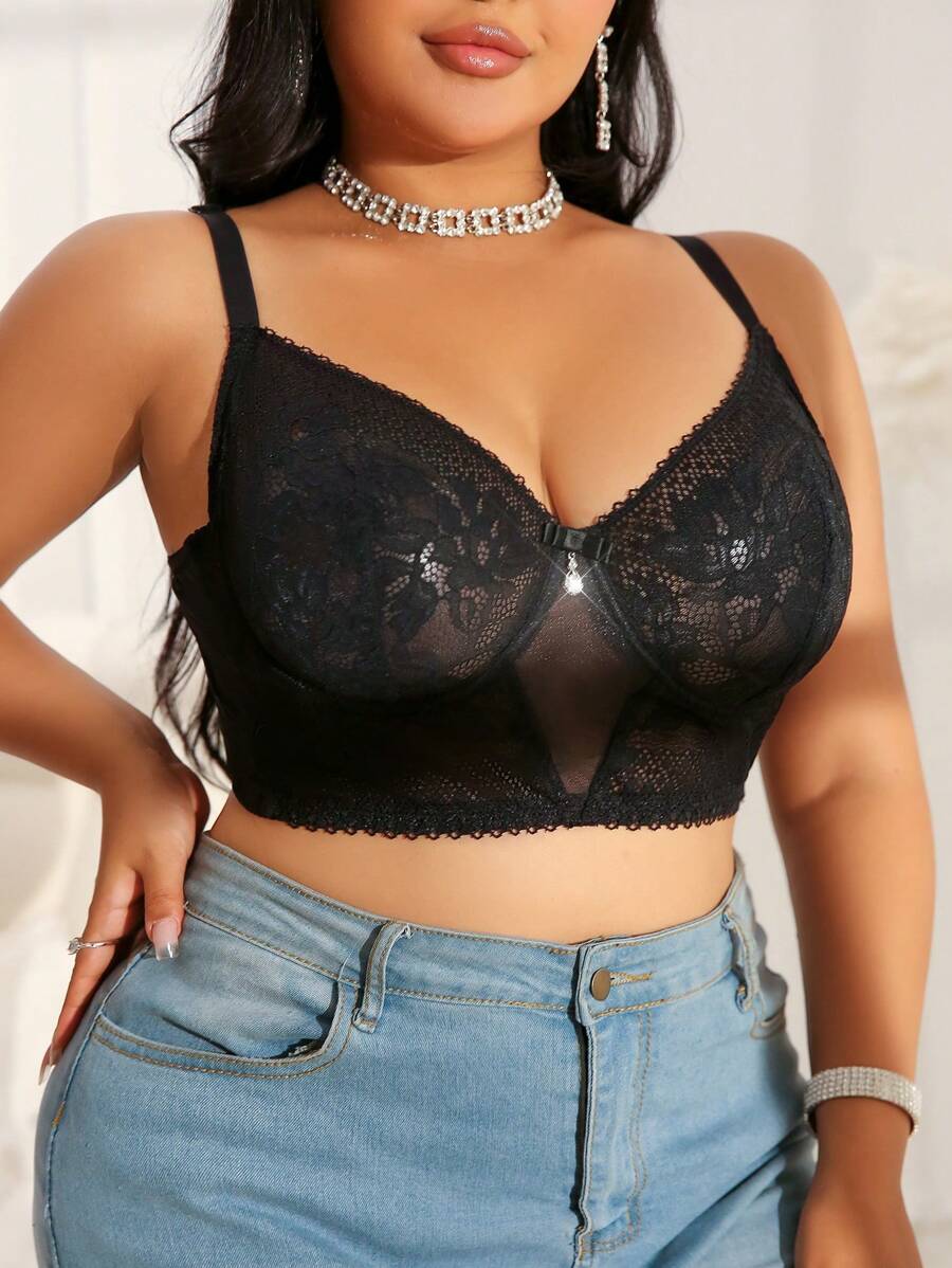 Plus Size Solid Color Simple Spaghetti Strap Bralette & Wirefree Bra - Black - View 1