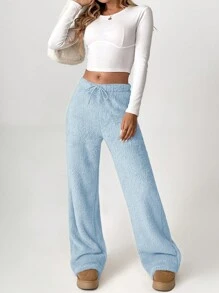 SHEIN Tall Pantalones anchos con cintura de cordón tipo teddy - Azul - Ver 4