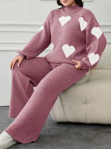 EURMUSE 2pcs/Set Casual Heart Pattern High Neck Sweater - Rusty Rose - View 5