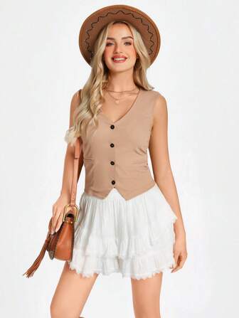 SHEIN LUNE Apricot Knit Vest For Women, Casual Office/Airport Outfit, Teacher Work Uniform In Winter