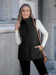 SHEIN LUNE Zip Up Sleeveless Quilted Coat - Black - View 1