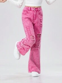 SHEIN Jeans déchirés à poches inclinées et jambes larges, mode extérieure pour préadolescentes