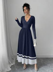 Elenzga V-Neck Pleated Color Block A-Line Everyday Elegant Vintage Dress Maxi Women Outfit