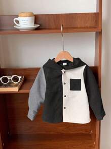 SHEIN 男婴休闲校园风格彩色连帽套头灯芯绒衬衫 - 黑與白 - 查看 3