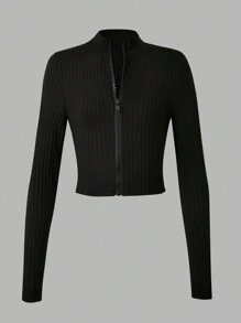 SHEIN Sparklyn Tween Girl Minimalist Ribbed Stand Collar Zip-Up Cardigan - Black - View 1