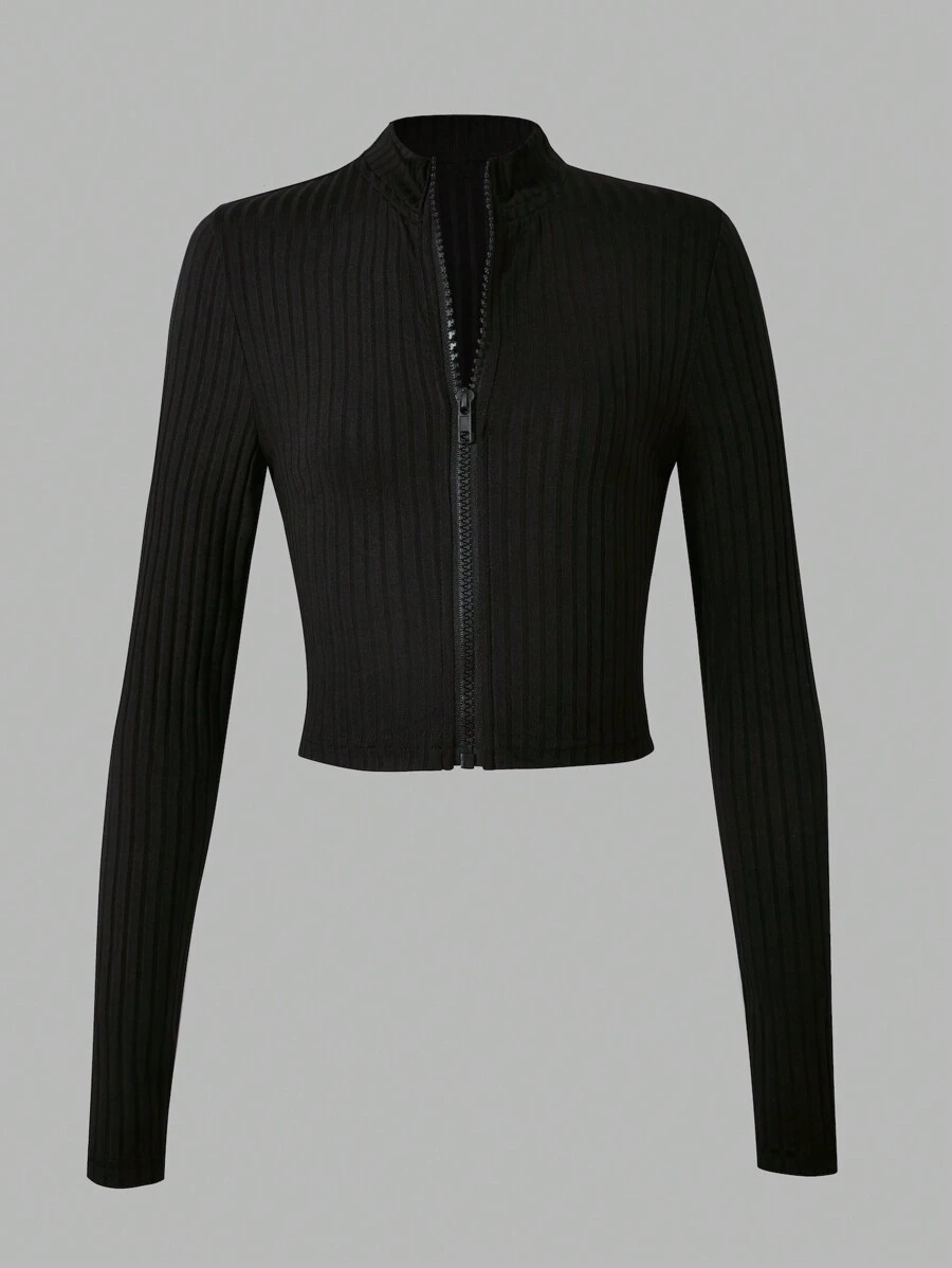 SHEIN Sparklyn Tween Girl Minimalist Ribbed Stand Collar Zip-Up Cardigan - Black - View 1