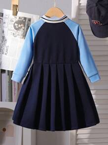 SHEIN 年轻女孩短款字母印花收腰百褶下摆休闲长袖连衣裙，春秋季 - 彩色 - 查看 2