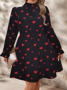 SHEIN Unity 大码女式立领荷叶边袖优雅长袖连衣裙“情人节之爱” - 黑色 - 查看 1