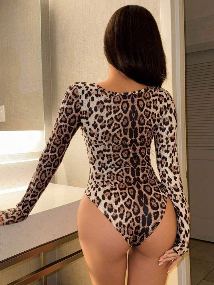 Leopard Print Square Neck Slim-Fit Jumpsuit Pajamas
