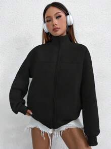 Flirla Áo nỉ dài tay cổ đứng, rộng rãi, thời trang thu đông, xuân/thu, túi thường ngày cho nữ, áo hoodie dài tay cổ đứng, màu đen thông thường, có khóa kéo, vai trễ, có khóa kéo, áo dài tay - màu đen - Xem 5