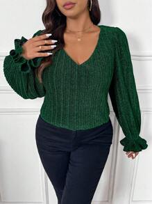 SHEIN Frenchy Plus Size Green V-Neck Glitter Embellished Party Shirt, Long Sleeve