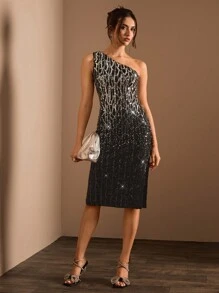 Glamine 女士优雅渐变色亮片开衩下摆长款连衣裙 - 黑色 - 查看 3