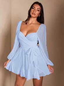 SHEIN BAE 女士轻盈透视系带领灯笼袖开衩纯色连衣裙，休闲度假日常装，夏季