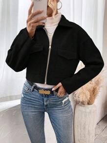 Women's Black Drop Shoulder Long Sleeve Short Overcoat, Autumn/Winter