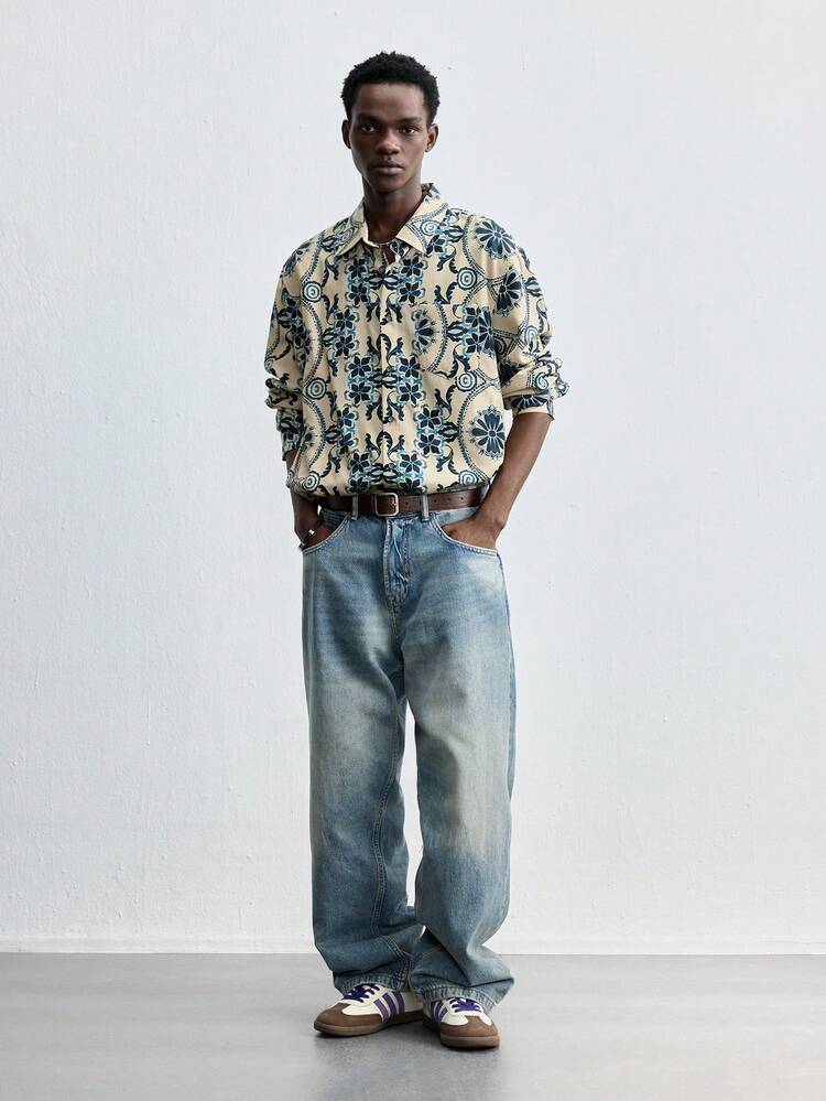 SHEIN Maija Men's 2025 Spring/Summer New Colorful Printed Long Sleeve Button-Front Casual Shirt, Comfortable Simple Style Versatile, Suitable For New Year Party, Holiday, Daily Commute, Outing