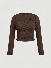 SHEIN MOD 大码棕色褶皱休闲长袖 T 恤上衣 - 灰色 - 查看 1
