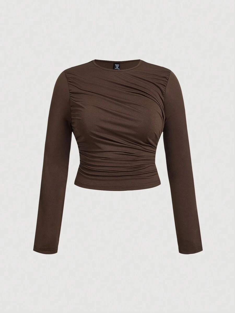 SHEIN MOD 大码棕色褶皱休闲长袖 T 恤上衣 - 灰色 - 查看 1