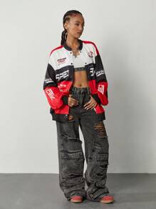 Muchica Áo khoác bomber họa tiết sọc chữ thời trang thu đông cho nữ - Nhiều màu - Xem 2