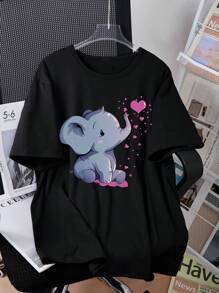 Tween Girls Cute Elephant Graphic Comfortable Round Neck T-Shirt - Black - View 1