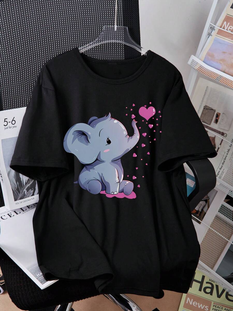 Tween Girls Cute Elephant Graphic Comfortable Round Neck T-Shirt - Black - View 1