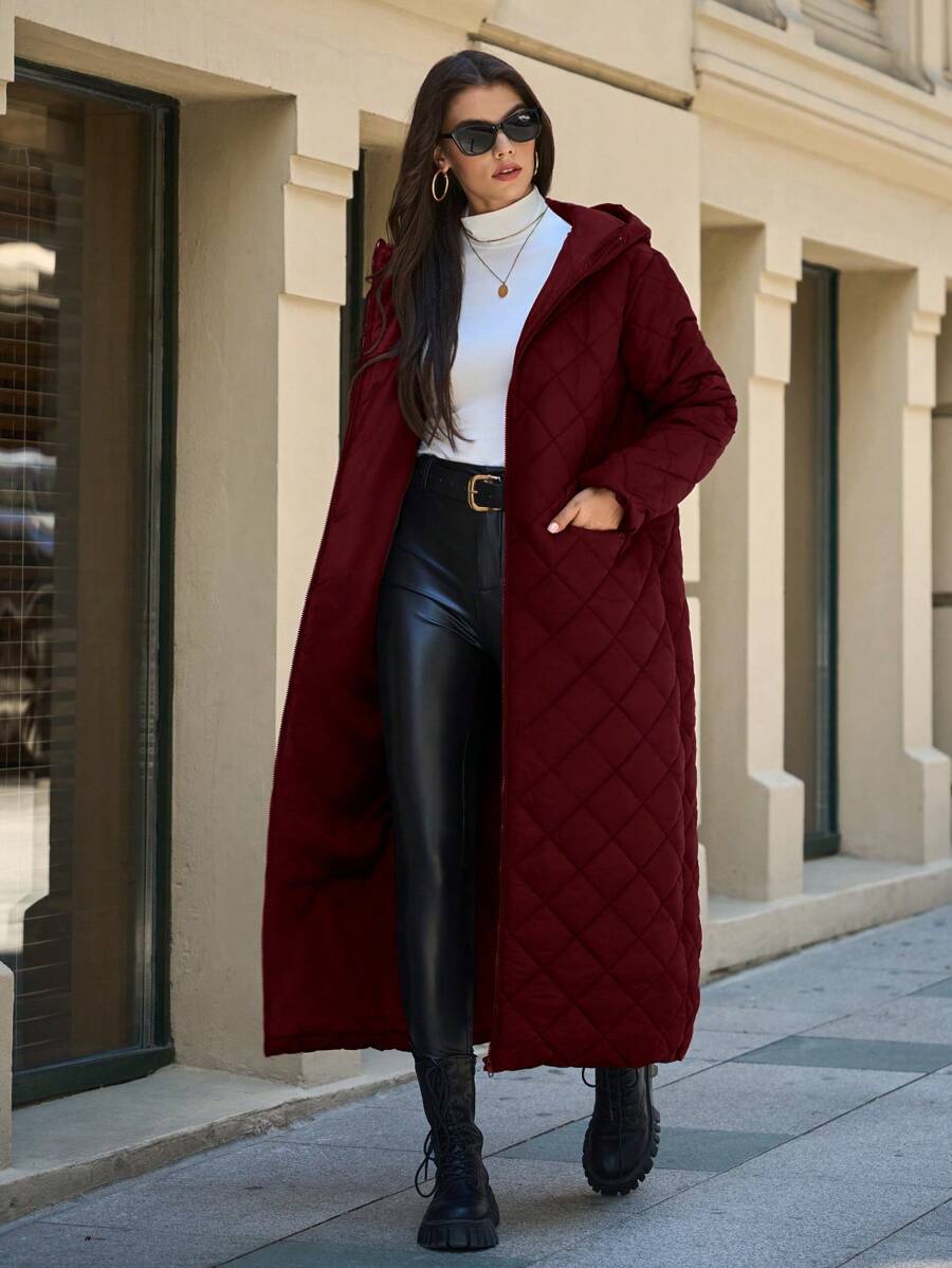 EURMUSE Women's Simple Padded Jacket Long Overcoat With Hoody, Hat - Burgundy - View 1