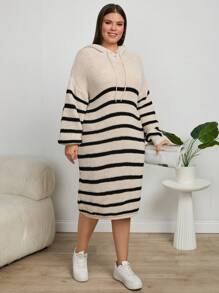 RueChic Plus Casual Striped Hooded Sweater Dress For Autumn & Winter - Multicolor - View 4