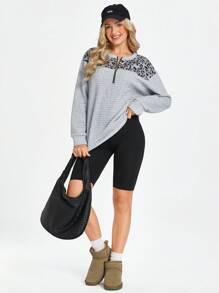 Wildy Women Casual Leopard Print Hoodie With Front Zipper, Round Neck Long Sleeve, Street Style, For Winter Pullover Fall Outfit