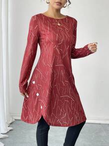 SHEIN LUNE 女士圆领长袖休闲日常连衣裙，简约时尚 - 彩色 - 查看 5