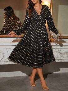 SHEIN Clasi Damen V-Ausschnitt Laternärmel Polka Punkt Muster Gold Folie elegantes midi-langes Maxikleid Damen Outfit Herbstkleidung für Frauen