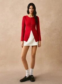 Poéselle 女士纯色长袖纽扣前休闲开衫，红色女式毛衣，新年前夜，圣诞毛衣，女士毛衣，节日，通勤，约会派对等场合穿着，秋冬简约时尚 - 紅色 - 查看 6