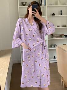 DAZY Cute Allover Rabbit Print Wrap-Front Tie-Waist Loose Bathrobe Pajama - Purple - View 3