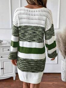 SHEIN LUNE Women's Autumn/Winter Striped Round Neck Drop Shoulder Long Sleeve Hollow Out Casual Sweater Dress Fall Cloth For Women - Multicolor - View 2