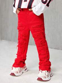 SHEIN Quần jeans skinny màu đỏ co giãn cao cấp SLAYR KIDS dành cho bé trai, phong cách đường phố cá tính, viền thô, phối nhiều mảnh, thích hợp cho mùa thu/đông và mặc hàng ngày. - Đỏ - Xem 6