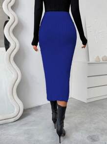 SHEIN Unity Women Solid Color Casual Split Hem Fitted Bodycon Mini Skirt - Blue - View 2