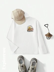 SHEIN Camiseta de manga larga con estampado gráfico de forro polar informal para niño preadolescente, para actividades al aire libre