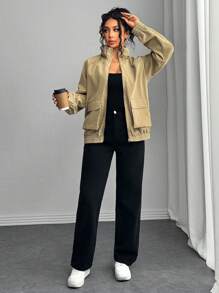 Chiquease 法式休闲军绿色女式风衣夹克，秋季 - 軍綠色 - 查看 5