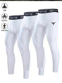 Manfinity Sport Corelite 男友风格男士字母丝带公牛印花紧身打底裤，适合日常健身和运动 - 白色 - 查看 1