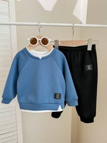 SHEIN 2pcs/Set Baby Boys/Girls Casual Cute Style Drop Shoulder Loose Round Neck Knitted Sweatshirt And Ribbed Hem Knitted Pants Set, Suitable For Autumn/Winter Home/Outdoor Wear - Blue - View 7