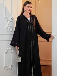 Al Najma Áo Abaya tay dài cánh dơi viền tương phản thường ngày cho nữ, mùa thu, áo Abaya hở lưng giản dị, thường ngày/dự tiệc - màu đen - Xem 7