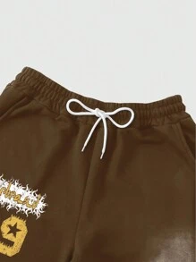 ROMWE MEN Prep 2pcs Men Letter & Star Print Drawstring Hoodie & Sweatpants Tracksuit - Coffee Brown - View 8
