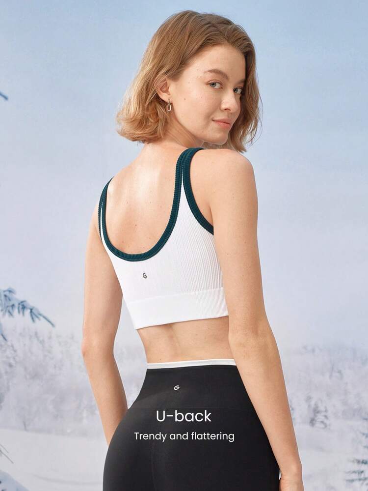 Seamless Soft Breathable Ribbed Contrast Color Sports Bra Christmas Gifts Low Impact Yoga Pilates Daily Removable Cups