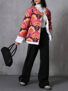 Aveloria EMERY ROSE Áo khoác nữ phong cách Thu/Đông kiểu Âu và Mỹ, dáng rộng thoải mái, đa năng, phối nhiều mảnh vải, họa tiết hoa ngẫu nhiên, thiết kế lượn sóng, lót lông cừu dày dặn, cài nút, tay dài, có lớp đệm, dành cho nữ, phong cách phương Tây cổ điển. - Nhiều màu - Xem 4