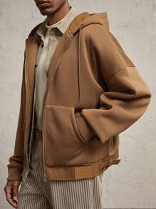 AKNOTIC Business Casual 男士针织字母贴花宽松落肩拉链运动衫，适合秋冬季节，街头装度假长袖全拉链连帽衫，适合朋友、丈夫、男朋友的礼物 - 棕色 - 查看 5