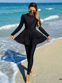 Swim Mulvari 2pcs Women Ruffle Hem Long Sleeve Long Pants Burkini Set Summer Arabic Clothing - Black - View 6