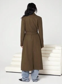 Easelle Women's Solid Color Brown Long Sleeve Casual Single Breasted Lapel Overcoat, Autumn/Winter - Brown - View 2