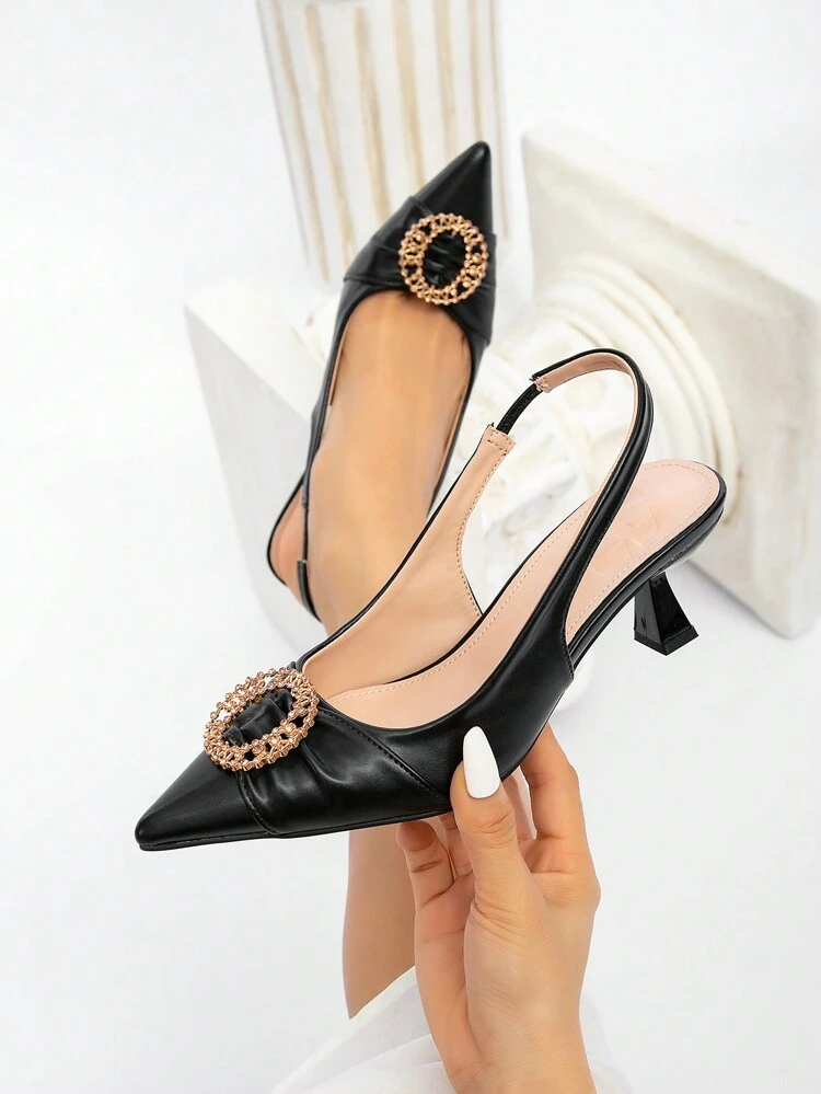 CUCCOO CHICEST Women's Black Sexy And Elegant Pointed Toe Low Heel Hollow Round Buckle High Heels Pumps Valentines