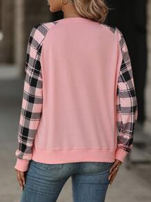 EMERY ROSE Plaid Raglan Sleeve Notched Neckline Sweatshirt,Long Sleeve Tops Pullover Fall Sweatshirt - Pink - View 2
