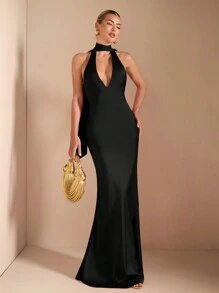 SHEIN BAE 红色性感优雅深 V 领细肩带露背系带美人鱼下摆针织连衣裙，适合鸡尾酒会、浪漫约会、秋冬分层穿着、派对、婚礼派对、万圣节、圣诞节 - 黑色 - 查看 4